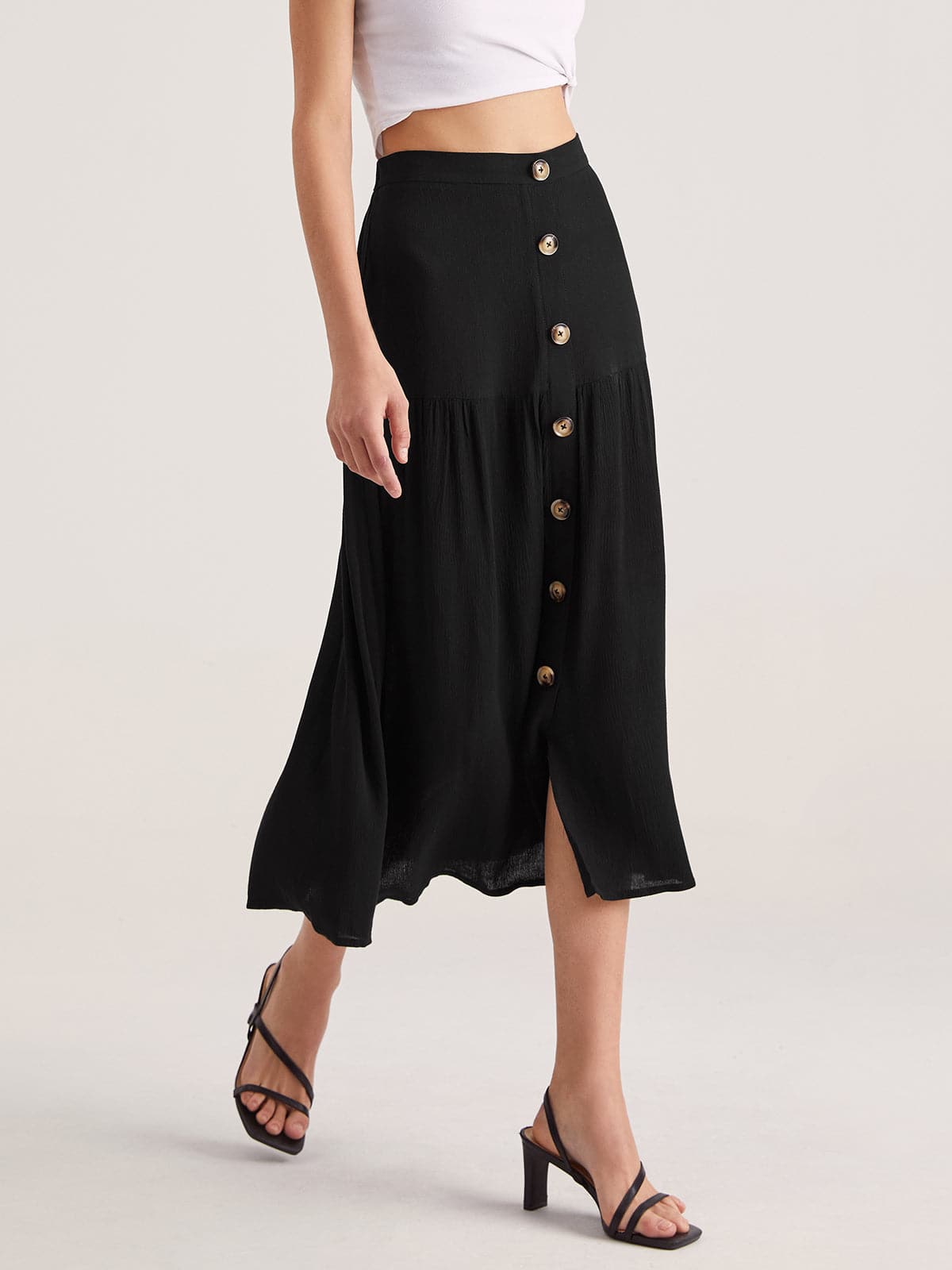 High Waisted Button Front Midi Skirt