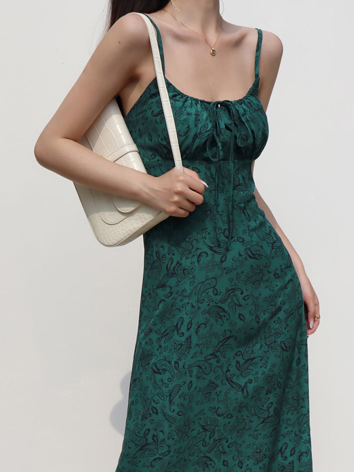 Silk Dark Green Print Slip Dress