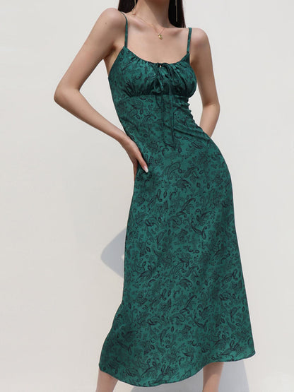 Silk Dark Green Print Slip Dress