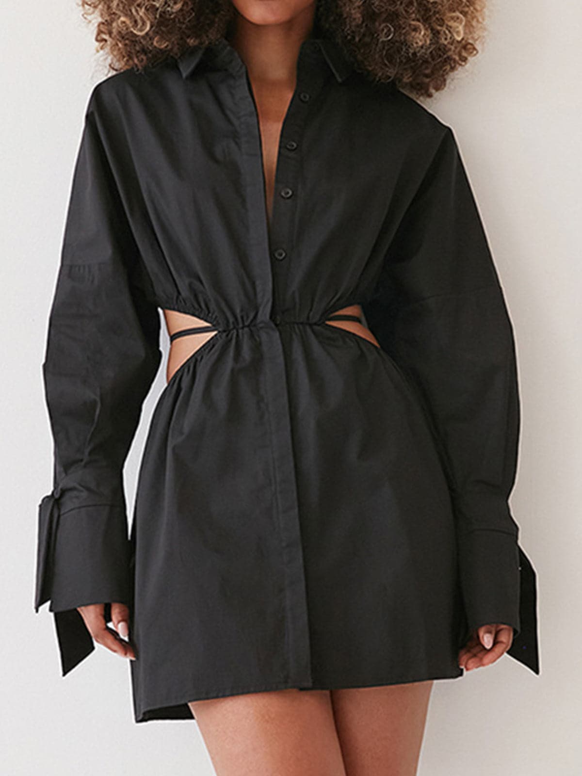 Solid Waist Cutout Shirt Dress