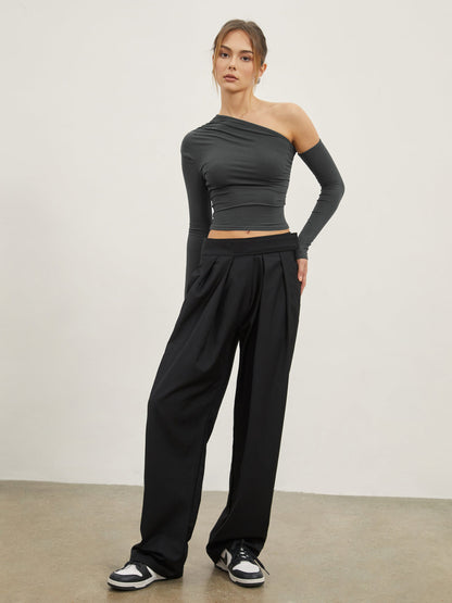 Asymmetric Sleeve Ruched Crop Shirt