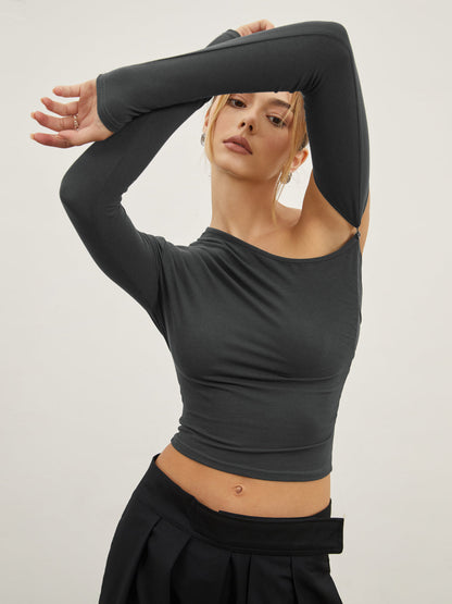 Asymmetric Sleeve Ruched Crop Shirt