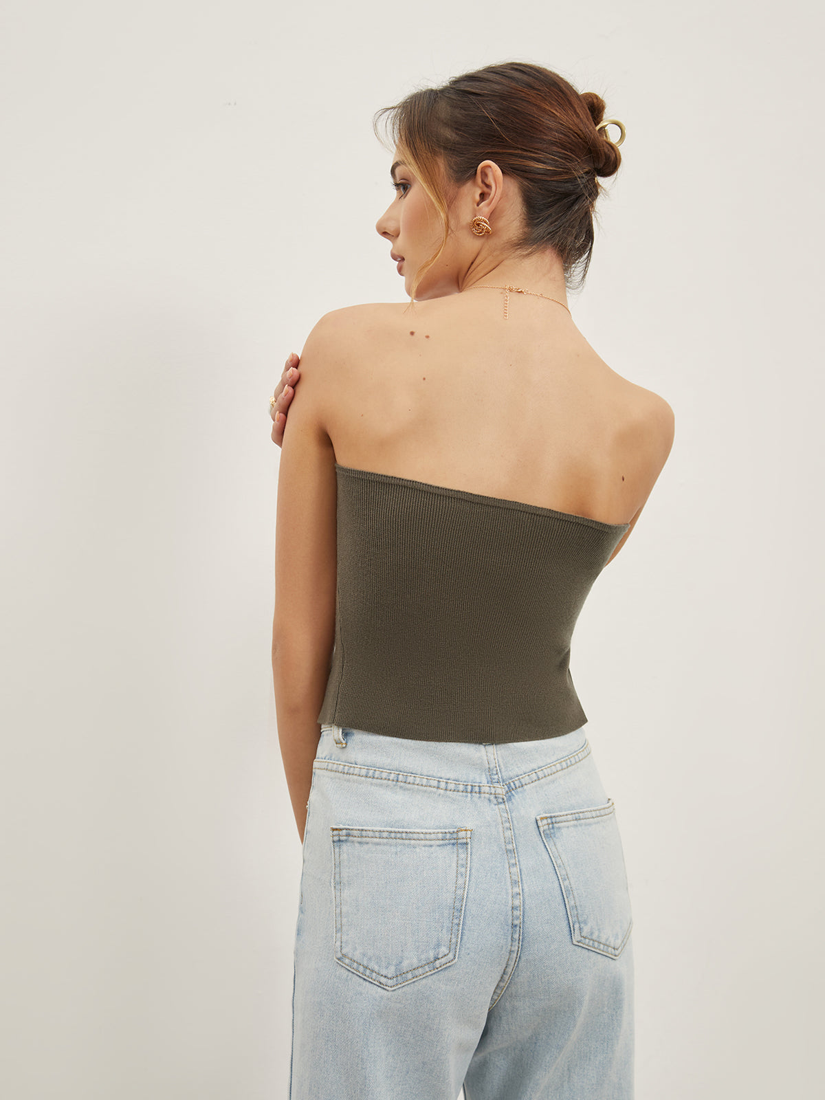 Button Down Knit Crop Strapeless Tube Top