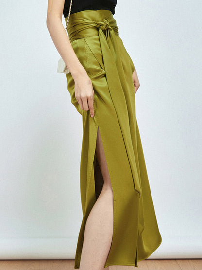 Effortless Tie Front Satin Flowy Slit Skirt