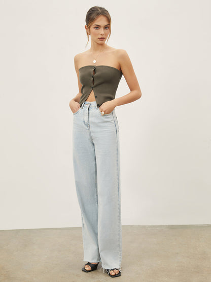 Button Down Knit Crop Strapeless Tube Top